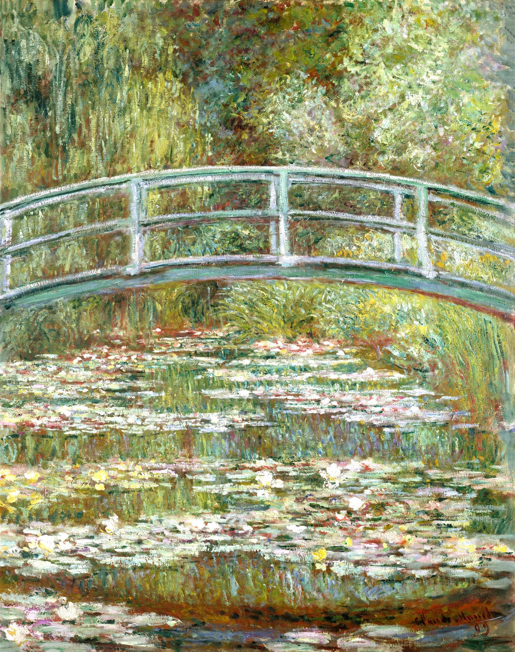 Quadro decorativo da Ponte Japonesa de Claude Monet, com uma ponte verde curvada sobre um lago repleto de ninféias brancas e rosas, em tons de verde, amarelo e marrom.