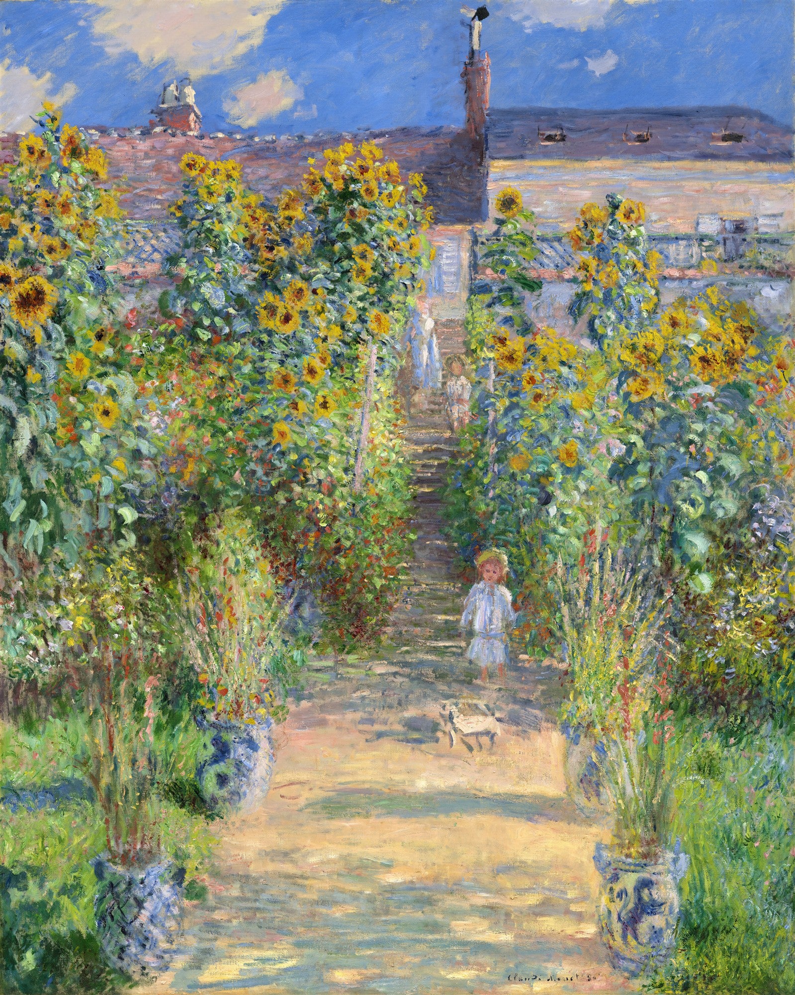 Quadro decorativo com a pintura 'O Caminho de Giverny' de Claude Monet, mostrando um caminho entre girassóis vibrantes e uma casa ao fundo, com uma criança.
