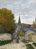 Quadro decorativo "A Igreja de Vétheuil" de Claude Monet, mostrando uma igreja de pedra com torre pontiaguda, rodeada por árvores de folhagem outonal e um céu nublado, com figuras caminhando em uma rua de paralelepípedos. Cena de vilarejo francês.