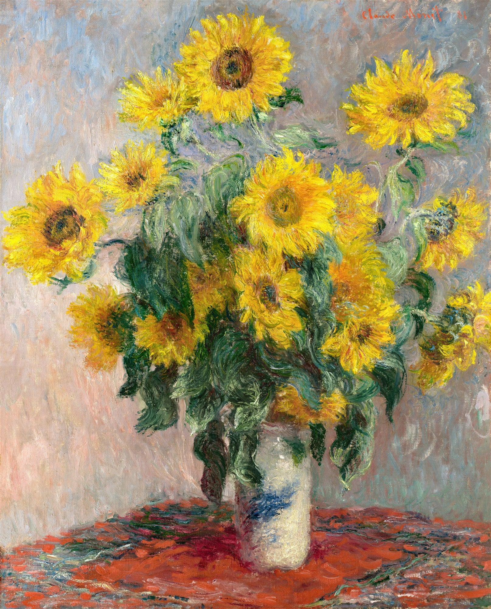 Quadro decorativo com pintura de Claude Monet, 'Vase of Sunflowers', apresentando um vaso com um exuberante arranjo de girassóis amarelos brilhantes, com pinceladas soltas e vibrantes, sobre uma mesa avermelhada e um fundo claro.