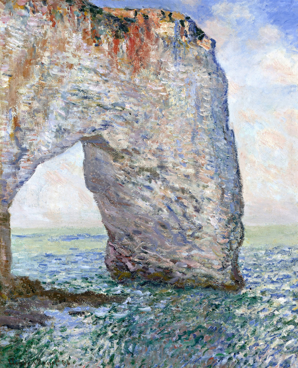 Quadro decorativo com pintura a óleo de Claude Monet retratando uma grande falésia rochosa com um arco natural sobre o oceano, em tons de azul, verde e cinza.