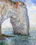 Quadro decorativo com pintura a óleo de Claude Monet retratando uma grande falésia rochosa com um arco natural sobre o oceano, em tons de azul, verde e cinza.