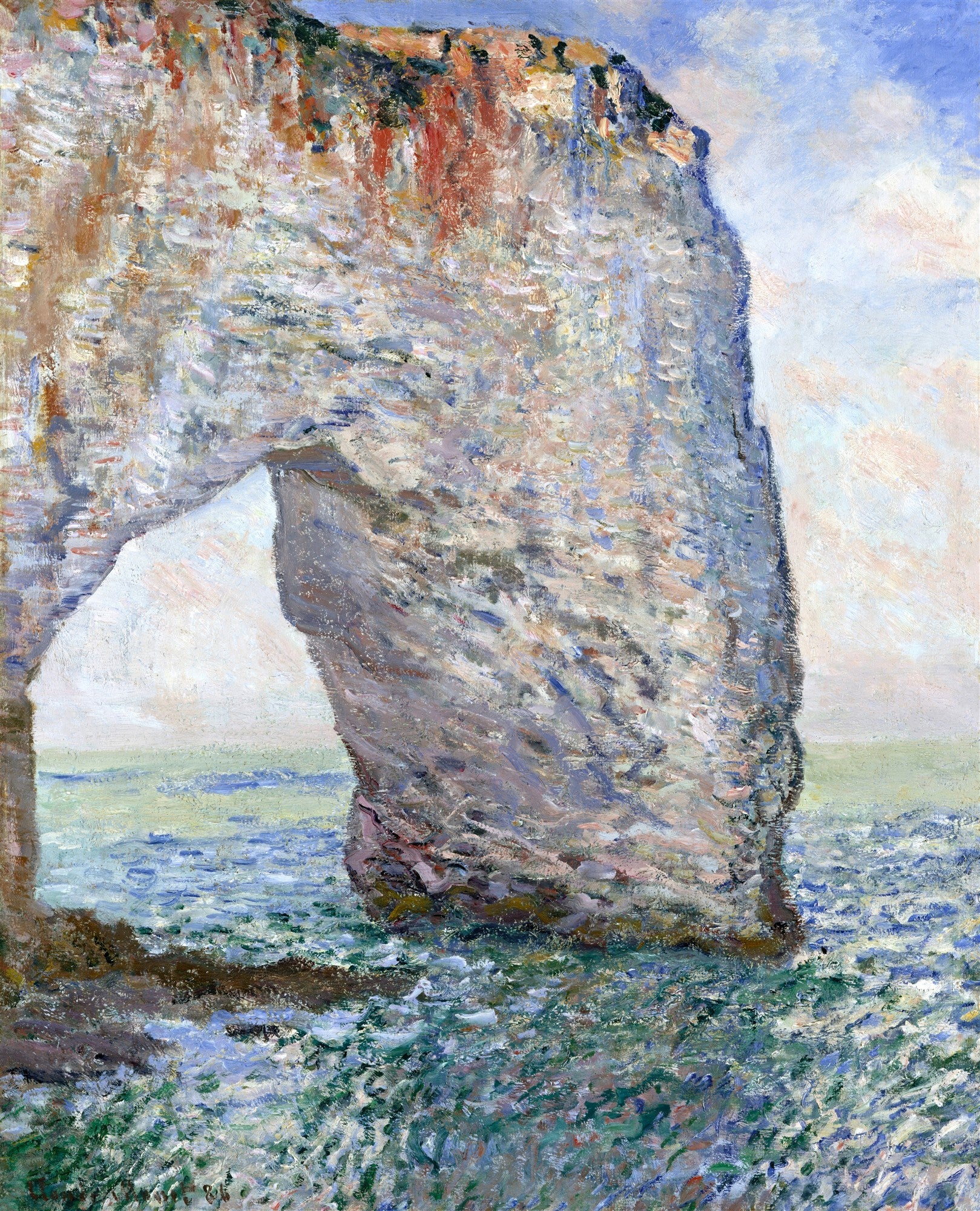 Quadro decorativo com pintura a óleo de Claude Monet retratando uma grande falésia rochosa com um arco natural sobre o oceano, em tons de azul, verde e cinza.