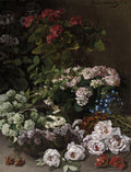 Quadro decorativo Cesto de Flores de Claude Monet, uma natureza-morta com diversas flores em tons de branco, rosa, vermelho, azul e lilás, com folhagem verde e um cesto de vime. A assinatura de Monet e o ano '64' estão no canto superior direito.