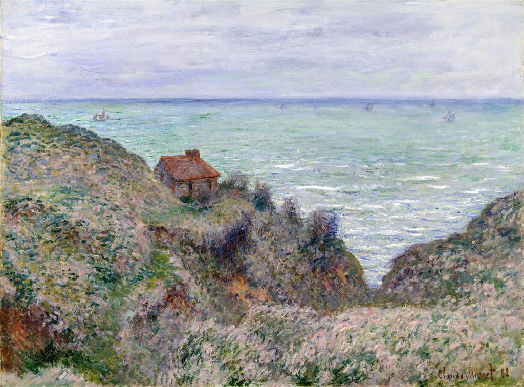 Pintura a óleo de Claude Monet, 'A Casa do Pescador, Varengeville', mostrando uma pequena casa de telhado vermelho no topo de um penhasco rochoso com vegetação esparsa, com o mar agitado e um céu nublado ao fundo. Barcos pontuam o horizonte.