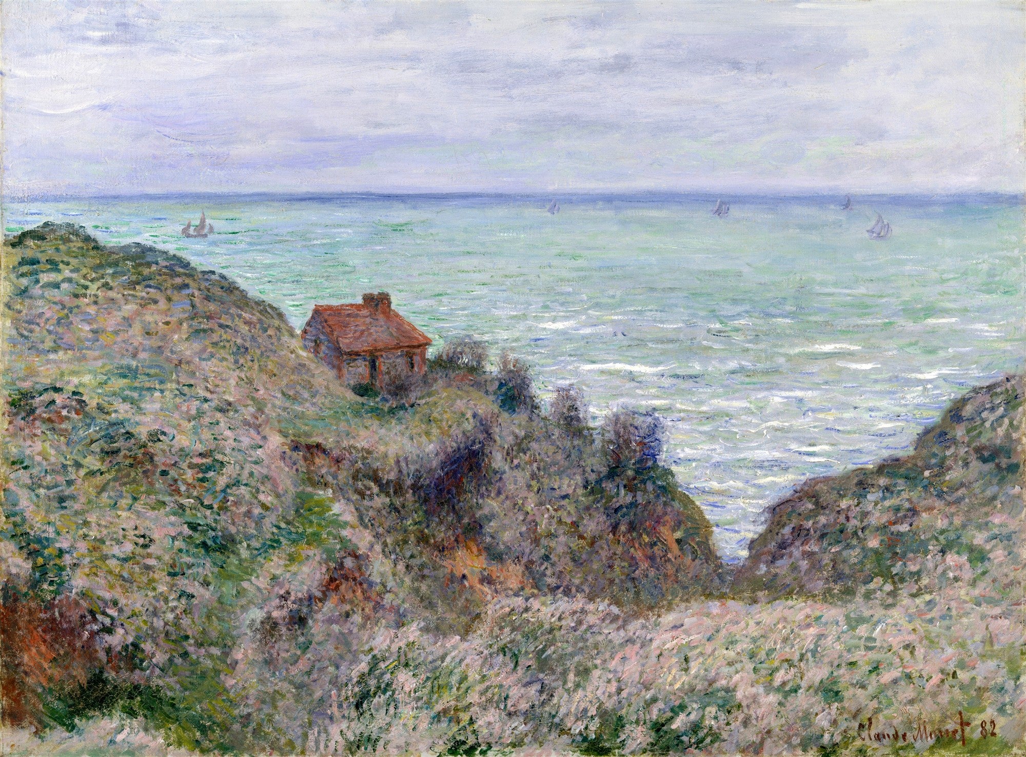 Pintura a óleo de Claude Monet, 'A Casa do Pescador, Varengeville', mostrando uma pequena casa de telhado vermelho no topo de um penhasco rochoso com vegetação esparsa, com o mar agitado e um céu nublado ao fundo. Barcos pontuam o horizonte.