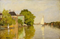 Quadro decorativo mostrando uma paisagem fluvial com casas coloridas refletidas na água, árvores e um barco à vela ao longe, pintura de Claude Monet