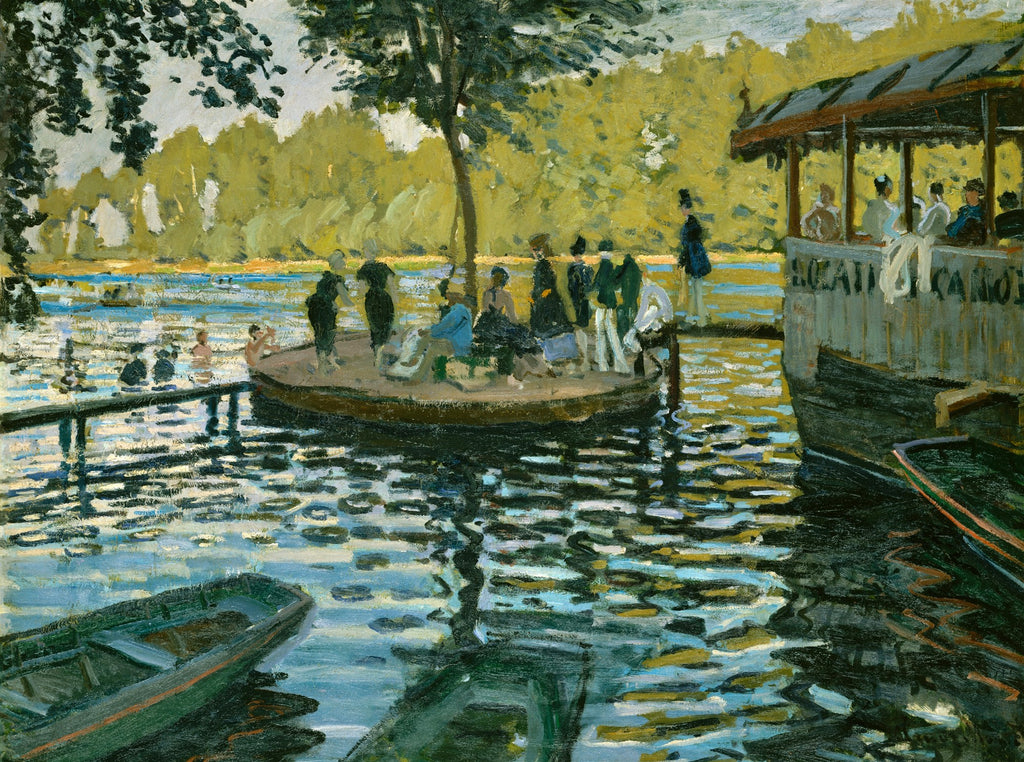 Quadro decorativo La Grenouillère de Claude Monet, representando um grupo de pessoas em uma plataforma flutuante e em barcos em um rio, com vegetação exuberante ao fundo. A luz do sol reflete na água com pinceladas vibrantes.