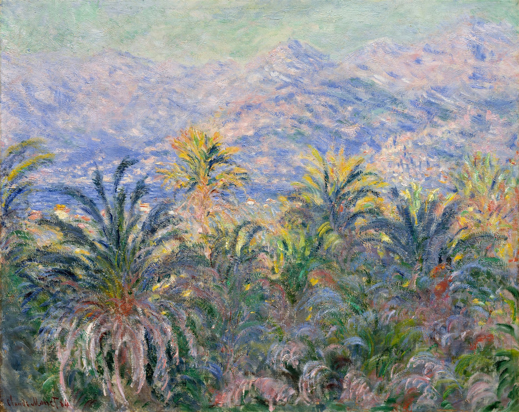 Pintura de Claude Monet, 'Palmeiras em Bordighera', mostrando palmeiras em primeiro plano com uma paisagem montanhosa e o mar ao fundo, em tons de azul, verde e amarelo.