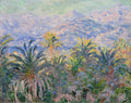 Pintura de Claude Monet, 'Palmeiras em Bordighera', mostrando palmeiras em primeiro plano com uma paisagem montanhosa e o mar ao fundo, em tons de azul, verde e amarelo.