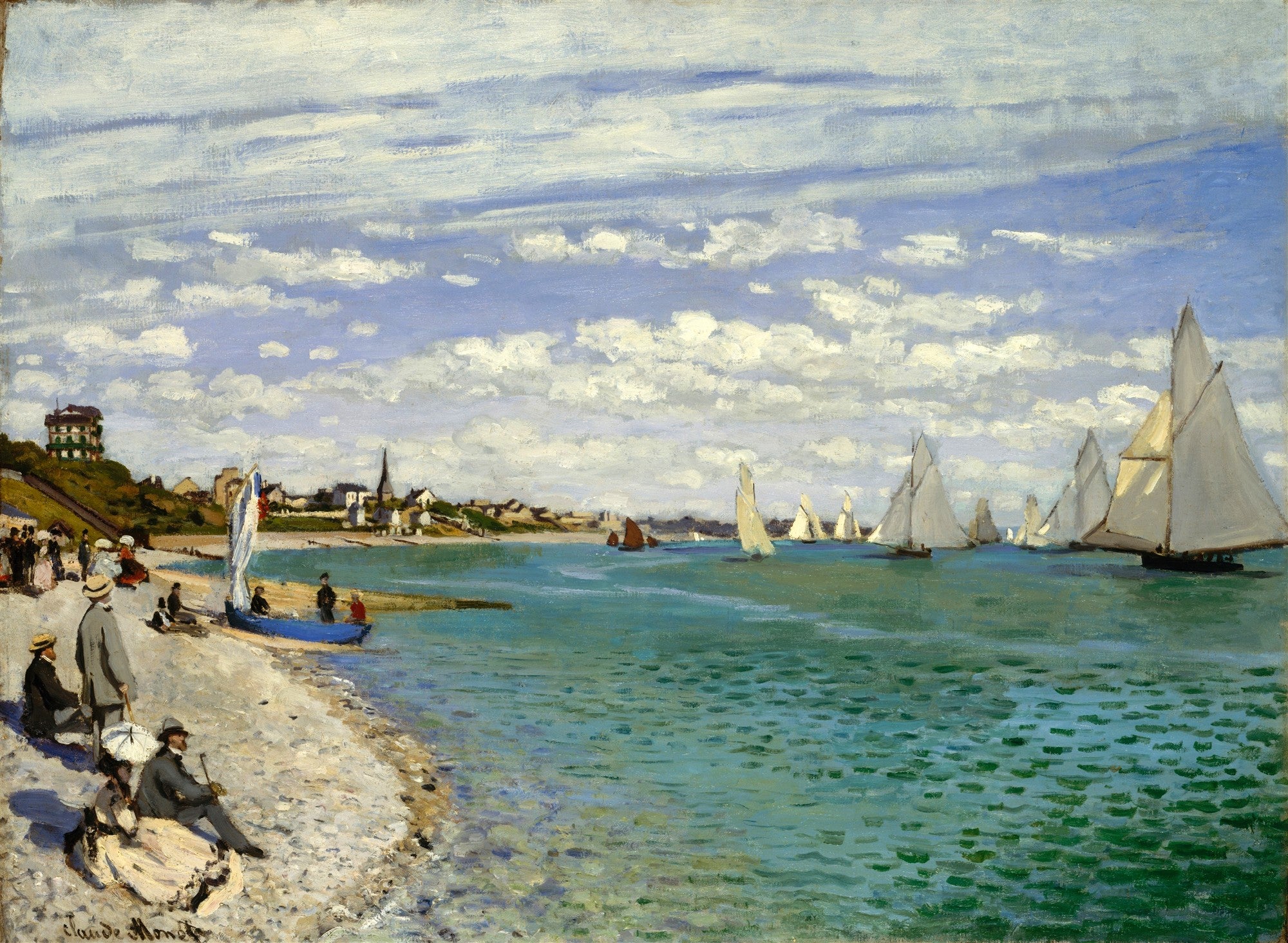 Quadro de Claude Monet, A Praia de Sainte-Adresse, mostrando pessoas na praia, barcos a vela na água azul-esverdeada e um céu nublado.
