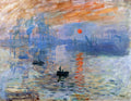 Quadro decorativo com pintura de Claude Monet, 'Impression, soleil levant', mostrando um nascer do sol sobre um porto nebuloso com barcos e reflexos alaranjados na água.