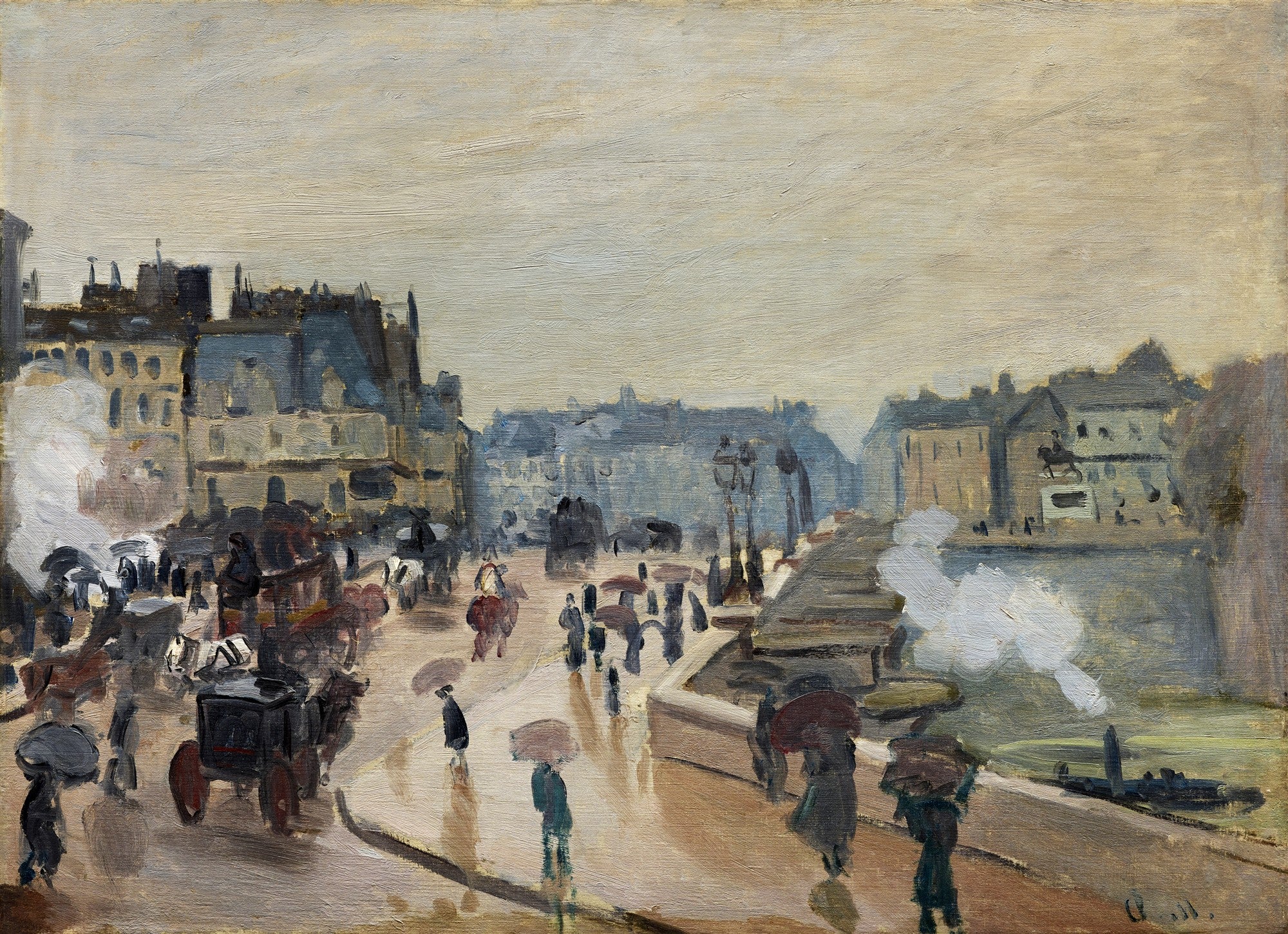 Pintura a óleo de Claude Monet mostrando a Pont Neuf em Paris em um dia chuvoso, com pedestres e carruagens, céu nublado e reflexos na rua molhada.
