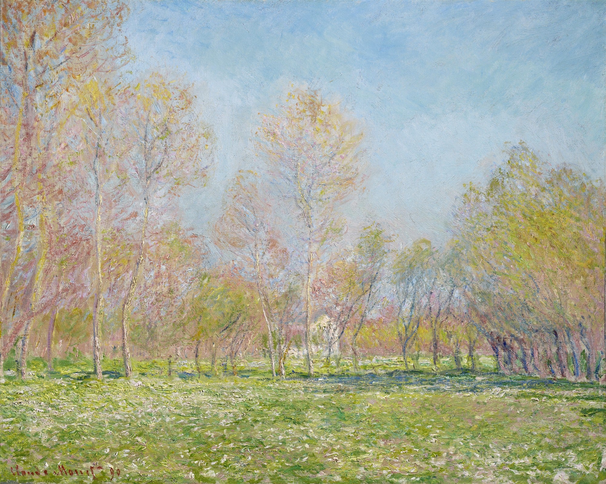 Quadro decorativo com pintura impressionista de Claude Monet, 'Printemps', mostrando uma paisagem de primavera com arvores de folhagem verde-clara e rosada, um campo florido de grama verde e um ceu azul.