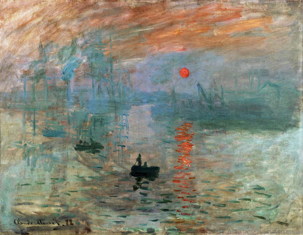 Quadro decorativo mostrando a pintura Impressão, Nascer do Sol de Claude Monet. Uma paisagem marinha com um sol vermelho alaranjado no horizonte, refletindo na água, entre barcos e uma névoa azulada.