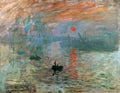 Quadro decorativo mostrando a pintura Impressão, Nascer do Sol de Claude Monet. Uma paisagem marinha com um sol vermelho alaranjado no horizonte, refletindo na água, entre barcos e uma névoa azulada.