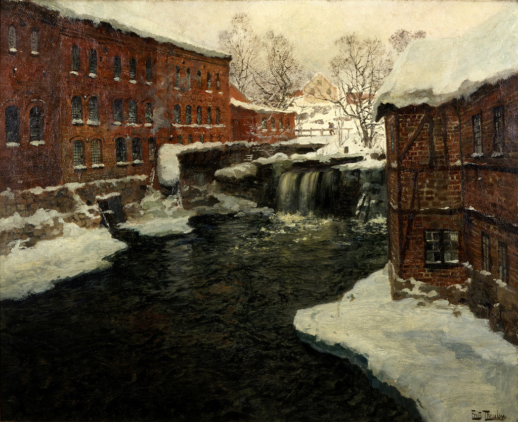 Quadro decorativo mostrando uma paisagem de inverno com um rio congelado, cachoeira e edifícios de tijolos vermelhos cobertos de neve, em estilo impressionista.