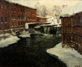 Quadro decorativo mostrando uma paisagem de inverno com um rio congelado, cachoeira e edifícios de tijolos vermelhos cobertos de neve, em estilo impressionista.