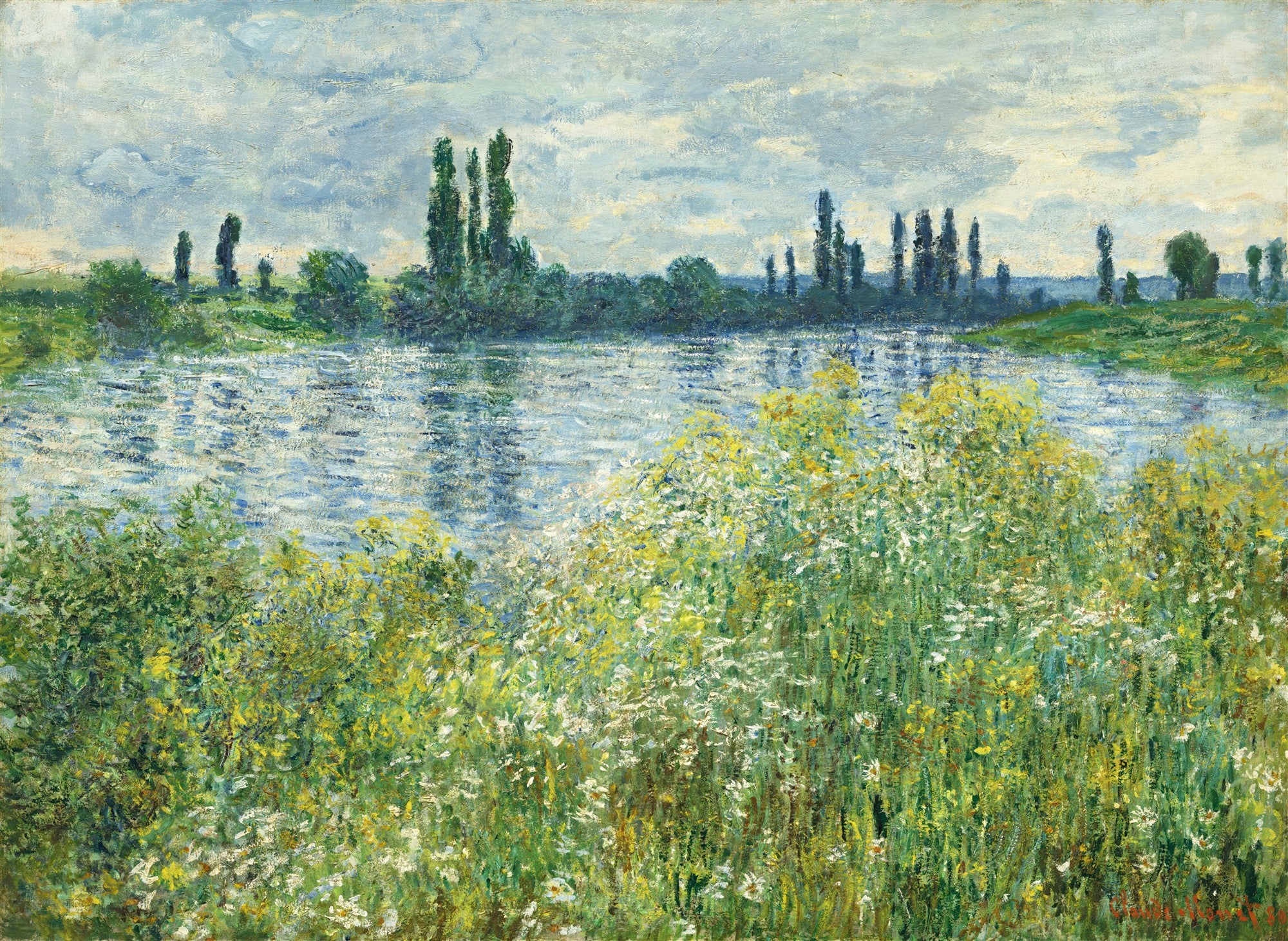 Quadro decorativo Campo de Papoulas em Argenteuil de Claude Monet, mostrando um rio e vegetação exuberante com flores brancas e amarelas em primeiro plano, sob um céu nublado e azul claro.