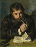 Quadro decorativo com pintura a oleo de um homem barbudo, de casaco escuro, fumando cachimbo e lendo um livro aberto. A iluminacao e suave, vinda de cima, destacando seu rosto e as maos.