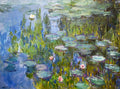 Quadro decorativo mostrando a pintura Ninféias de Claude Monet, com nenúfares flutuando em um lago com reflexos de azul e verde