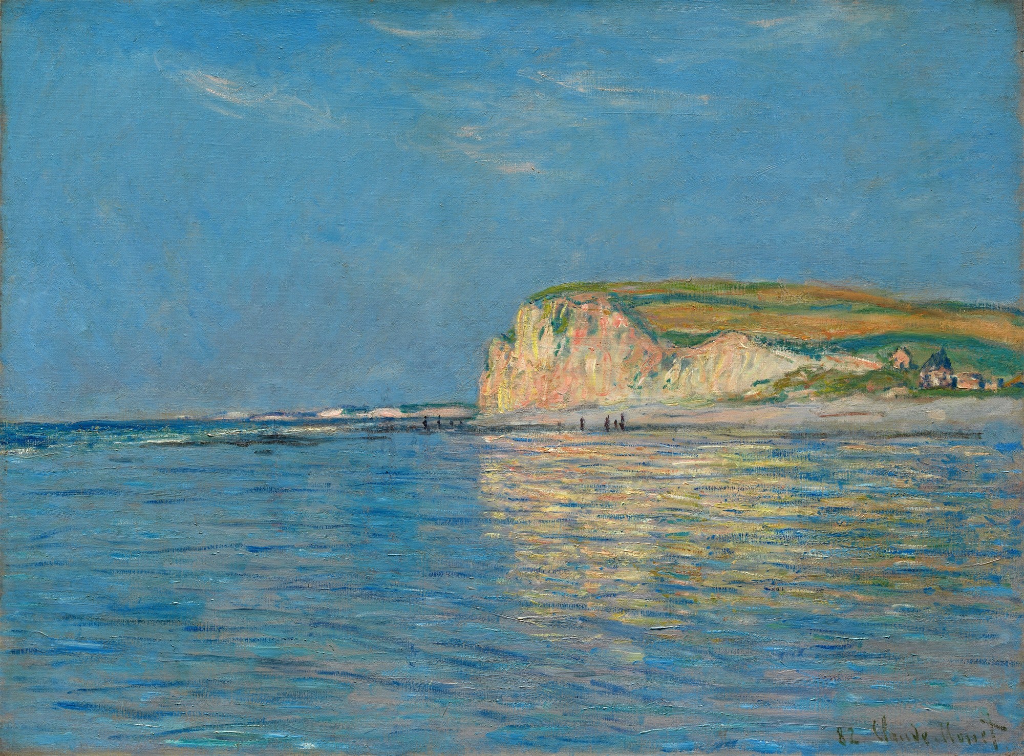 Quadro decorativo com pintura de paisagem marinha de Claude Monet, Falésias em Pourville, mostrando o mar azul com reflexos dourados do sol, falésias rochosas com vegetação e pequenas casas ao fundo.