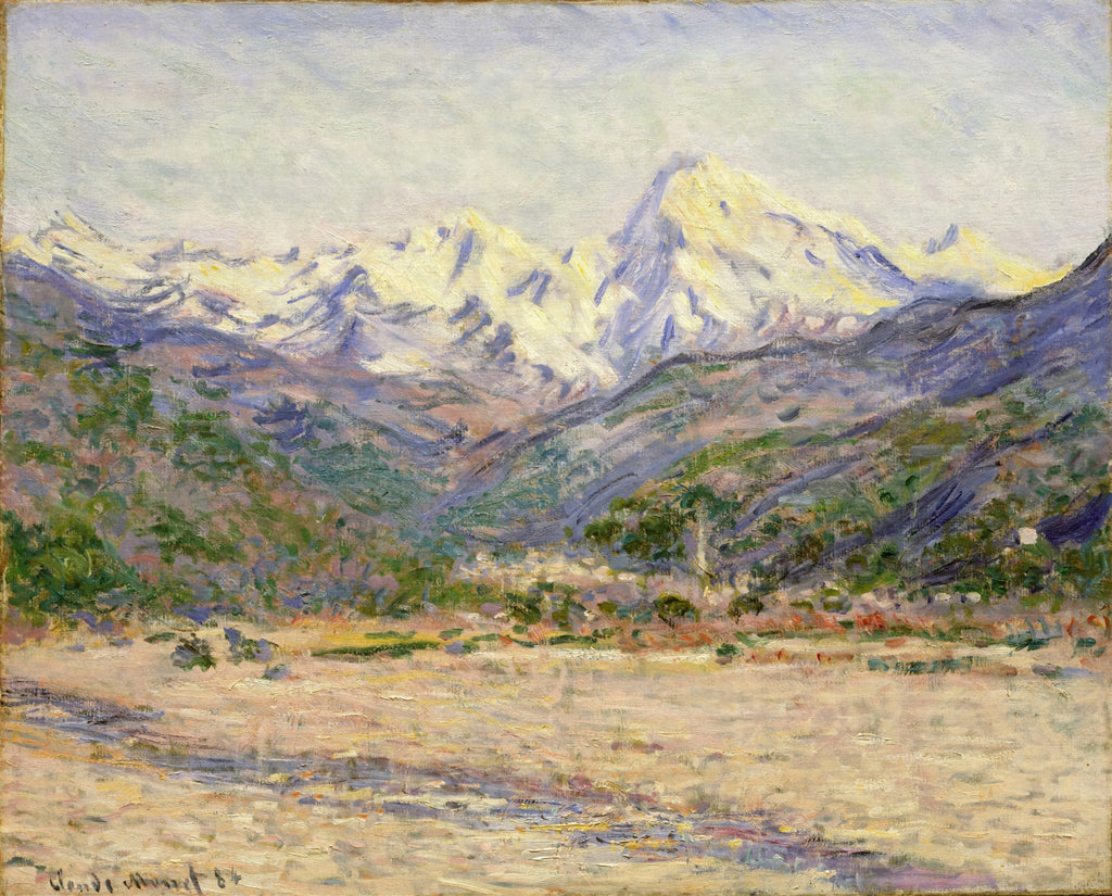 Quadro decorativo com pintura de Claude Monet, Le Mont Kolsaas, vu de Vettakollen, retratando montanhas nevadas com pinceladas impressionistas e tons de branco, azul e verde, um vale em primeiro plano.