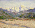 Quadro decorativo com pintura de Claude Monet, Le Mont Kolsaas, vu de Vettakollen, retratando montanhas nevadas com pinceladas impressionistas e tons de branco, azul e verde, um vale em primeiro plano.