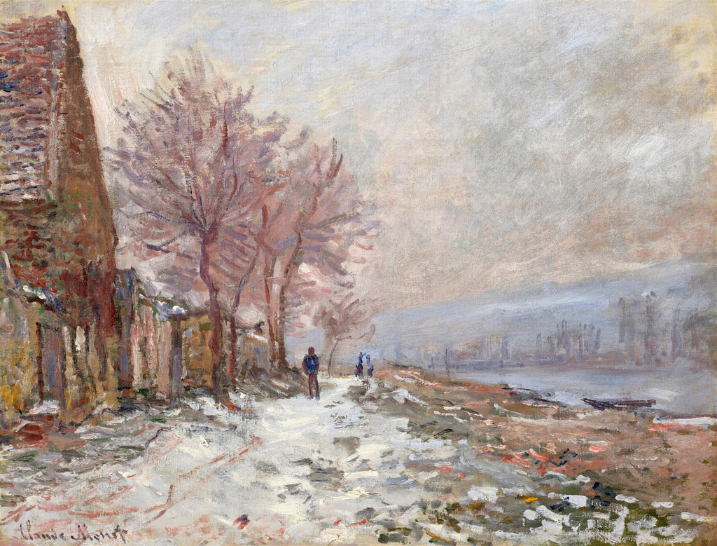 Quadro decorativo mostrando uma paisagem invernal de Claude Monet, com uma estrada coberta de neve, árvores desfolhadas e um rio ao fundo sob um céu nublado. Pessoas pequenas caminham pela estrada.