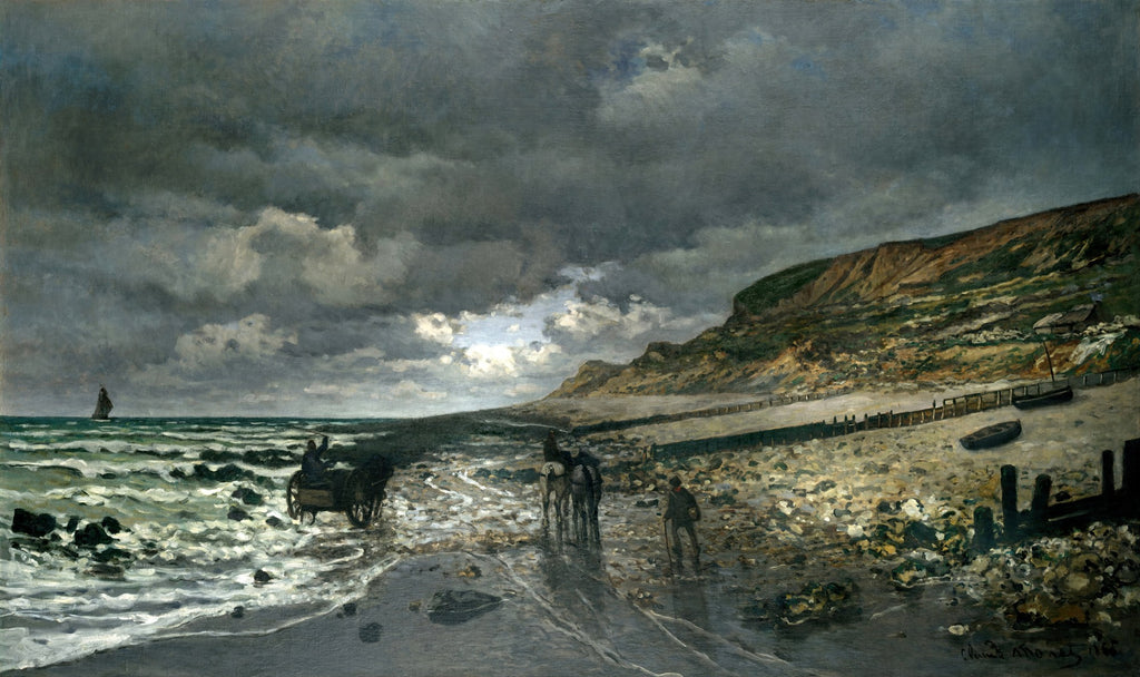 Quadro decorativo da pintura 'Praia de Pourville, maré baixa' de Claude Monet, mostrando uma paisagem marinha com céu nublado, falésias costeiras, e figuras na praia durante a maré baixa.