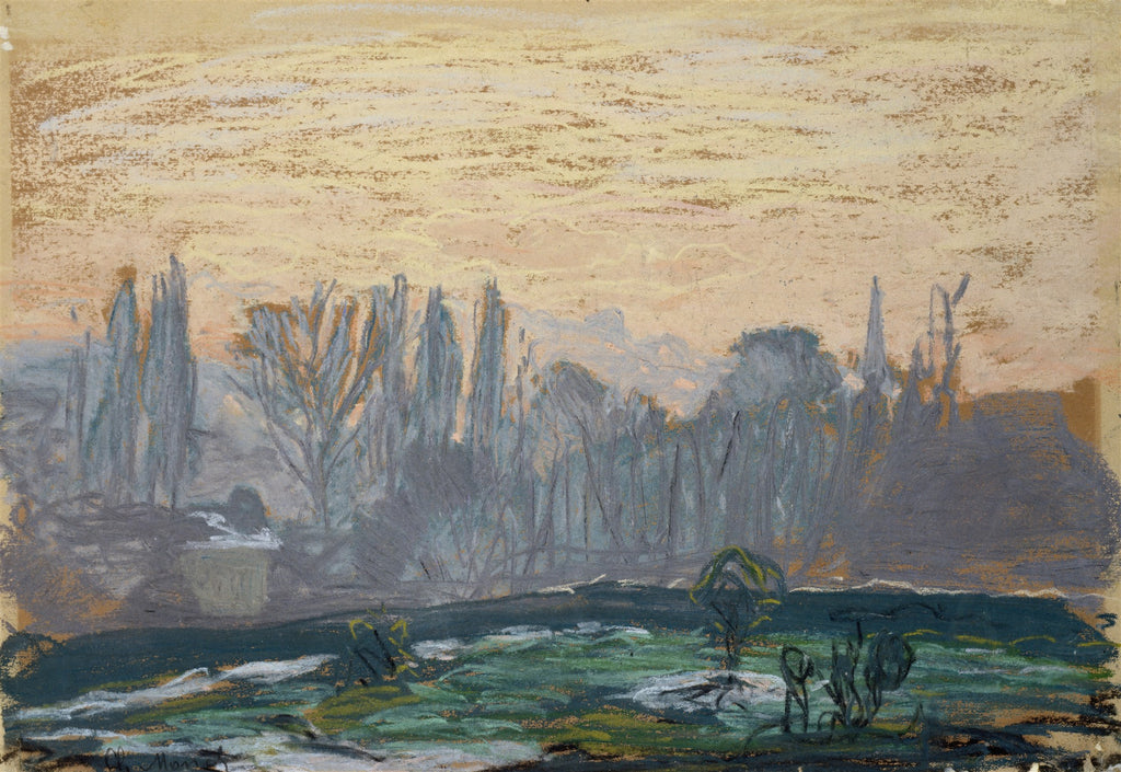 Paisagem de Claude Monet ao entardecer com árvores e névoa, céu em tons de pêssego e dourado, solo em verde e azul cinzento, técnica de pastel