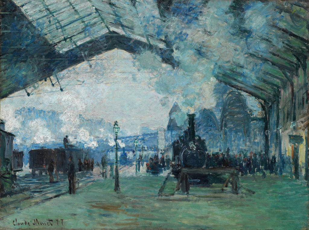 Quadro decorativo com a pintura 'A Estação Saint-Lazare' de Claude Monet, retratando uma estação de trem com locomotivas a vapor e pessoas, em tons de azul, cinza e verde, com a característica pincelada impressionista.