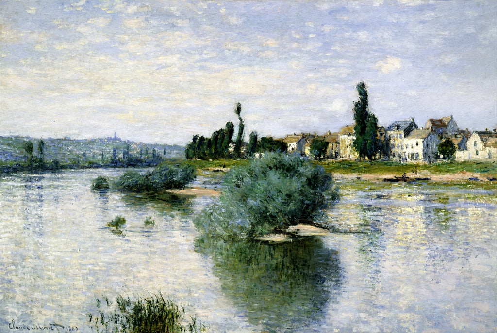 Quadro decorativo paisagem fluvial com casarios e árvores, céu claro com nuvens e reflexos na água. Obra de Claude Monet, A Sena em Argenteuil.