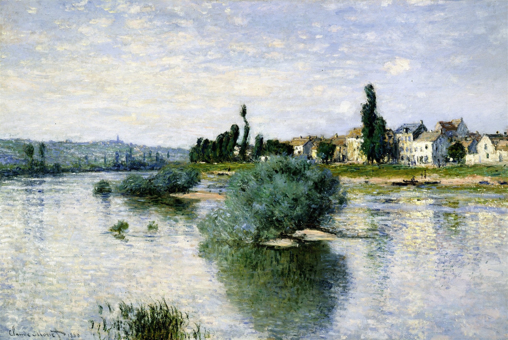 Quadro decorativo paisagem fluvial com casarios e árvores, céu claro com nuvens e reflexos na água. Obra de Claude Monet, A Sena em Argenteuil.