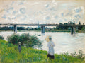 Quadro decorativo mostrando a pintura A Ponte de Argenteuil de Claude Monet, com uma ponte sobre um rio, pessoas na margem e um barco.