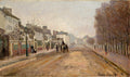 Quadro decorativo mostrando uma rua larga e movimentada de Paris, com edifícios clássicos ao lado esquerdo e uma fileira de árvores com folhagem outonal à direita. Pessoas e uma carruagem trafegam pela avenida sob um céu nublado, em tons de cinza e marrom. A obra é atribuída a Claude Monet.