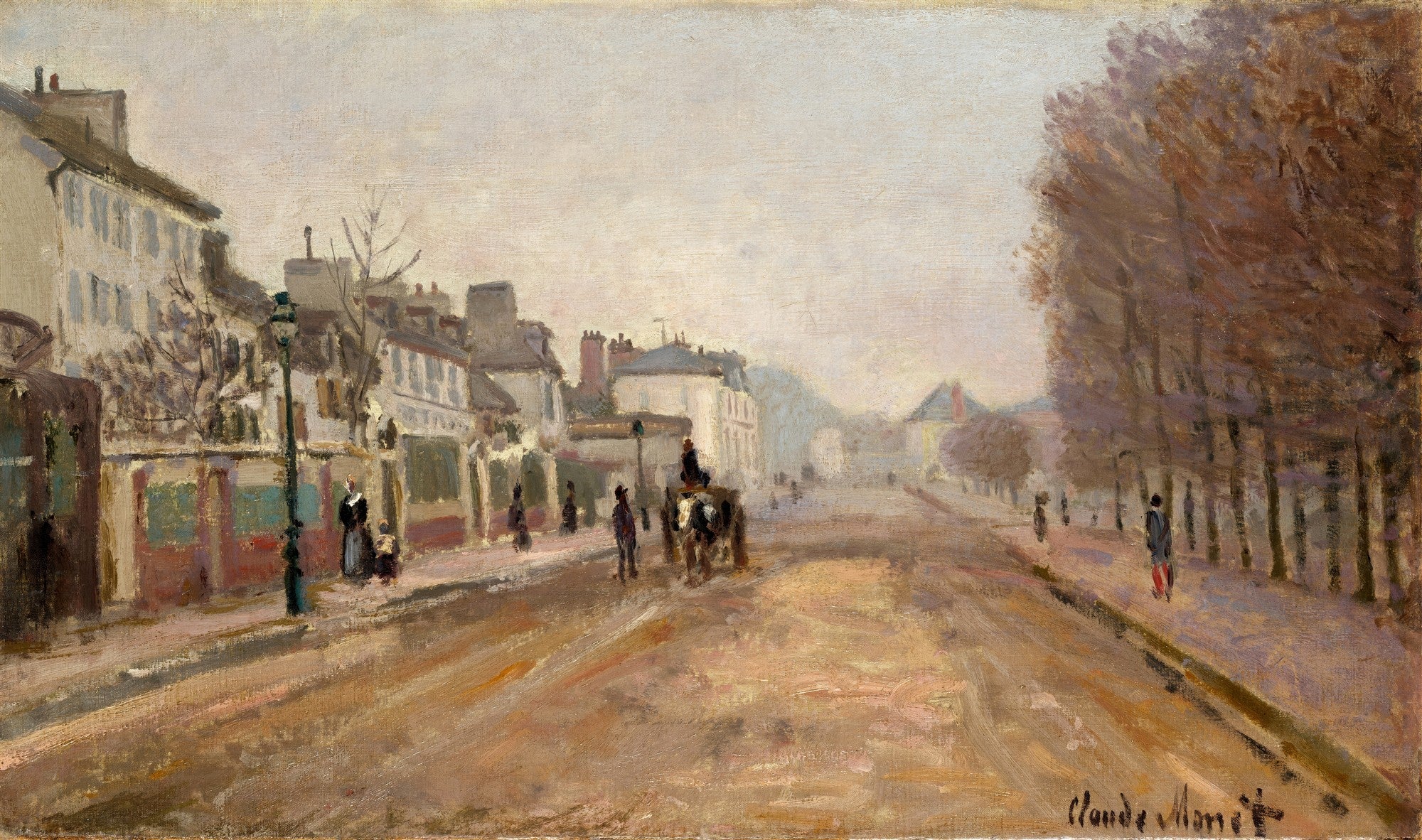 Quadro decorativo mostrando uma rua larga e movimentada de Paris, com edifícios clássicos ao lado esquerdo e uma fileira de árvores com folhagem outonal à direita. Pessoas e uma carruagem trafegam pela avenida sob um céu nublado, em tons de cinza e marrom. A obra é atribuída a Claude Monet.