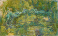 Quadro abstrato verde e azul com pinceladas vibrantes, representando uma paisagem aquática com a ponte japonesa de Claude Monet