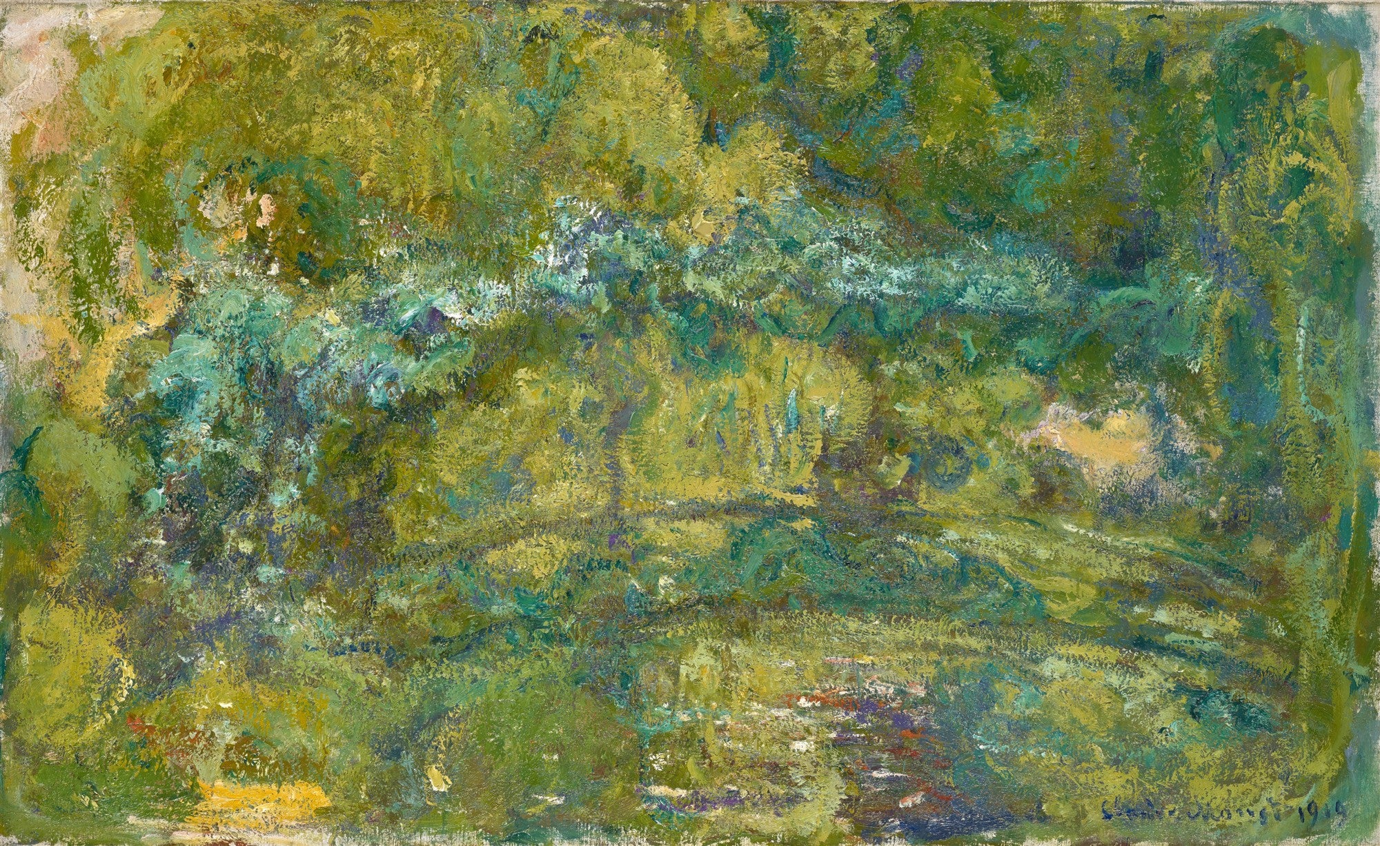 Quadro abstrato verde e azul com pinceladas vibrantes, representando uma paisagem aquática com a ponte japonesa de Claude Monet