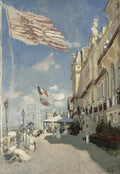 Pintura a óleo de Claude Monet retratando a Rue Montorgueil em Paris, com bandeiras francesas e americanas tremulando, edifícios elegantes e uma multidão celebrando nas ruas.