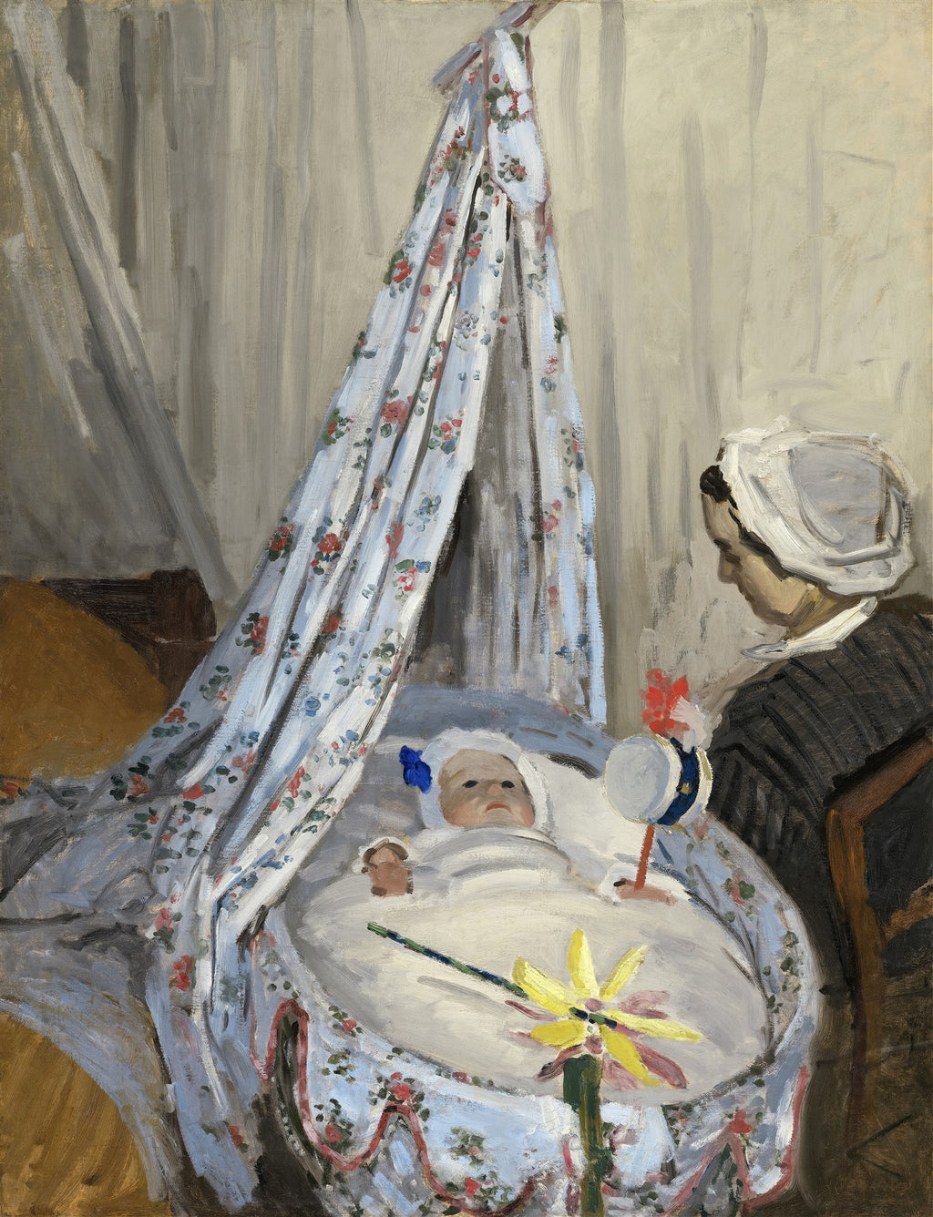 Quadro 'O Berço' de Claude Monet, mostrando uma mulher inclinada sobre um bebê em um berço com dossel florido, em tons suaves e pinceladas visíveis.