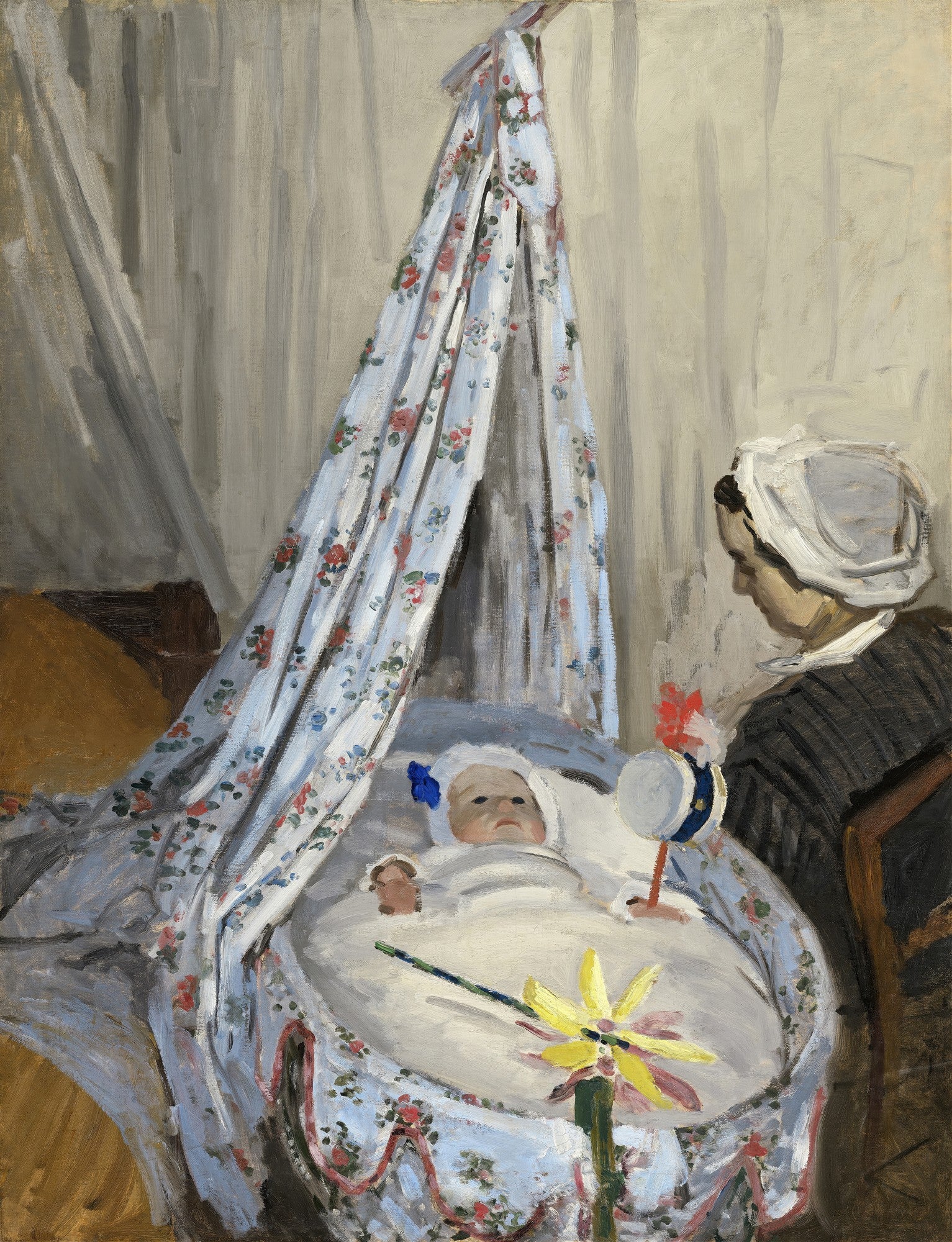 Quadro 'O Berço' de Claude Monet, mostrando uma mulher inclinada sobre um bebê em um berço com dossel florido, em tons suaves e pinceladas visíveis.