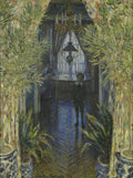 Quadro decorativo com pintura de Claude Monet, 'Interior, após o Jantar', mostrando um ambiente doméstico escuro com uma figura sentada à mesa e uma criança em pé, com vasos de plantas nas laterais e cortinas florais.