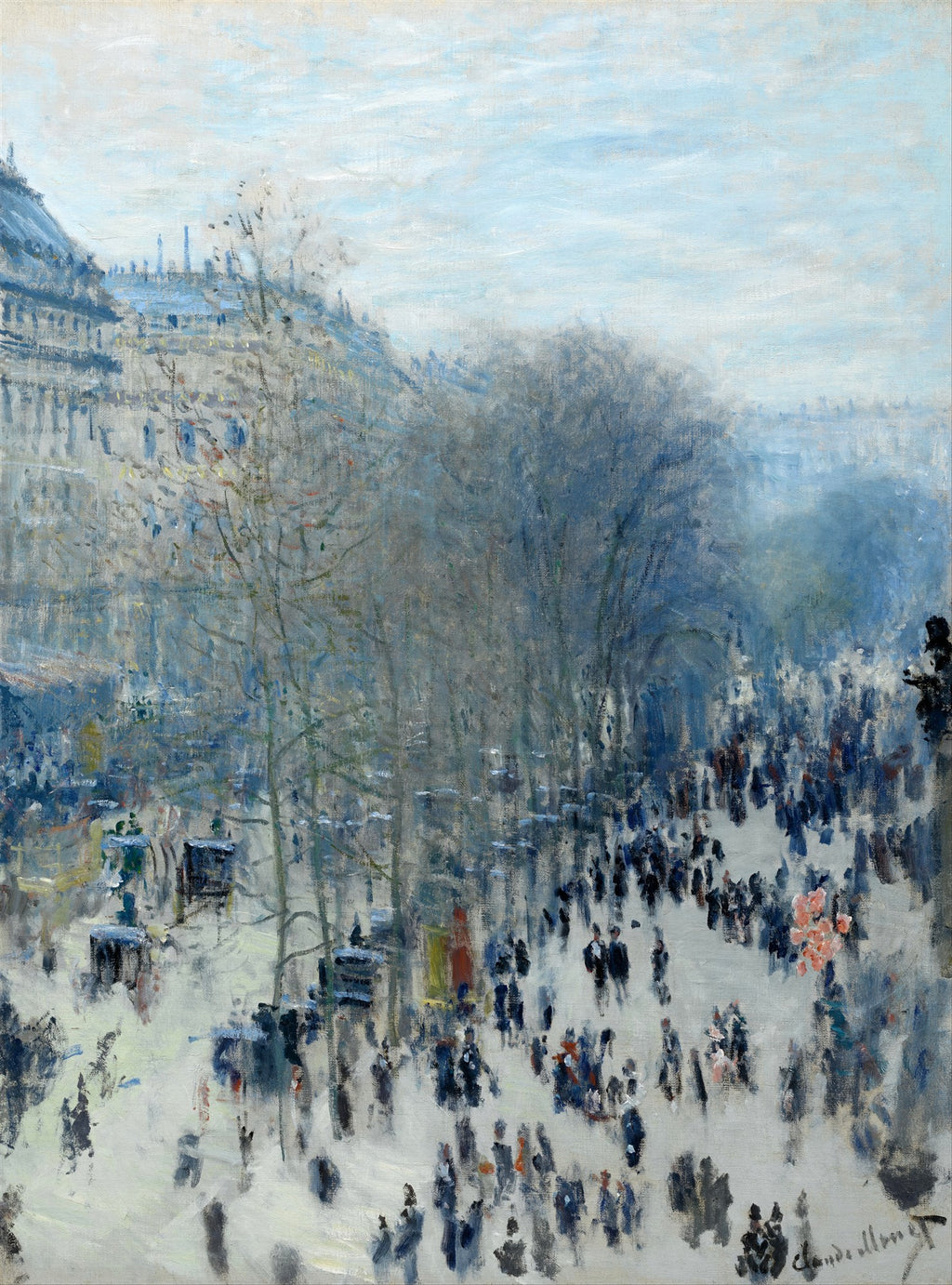 Quadro decorativo com a pintura Boulevard des Capucines de Claude Monet, representando uma rua movimentada de Paris coberta de neve, com edifícios e árvores, em tons de azul, cinza e branco.