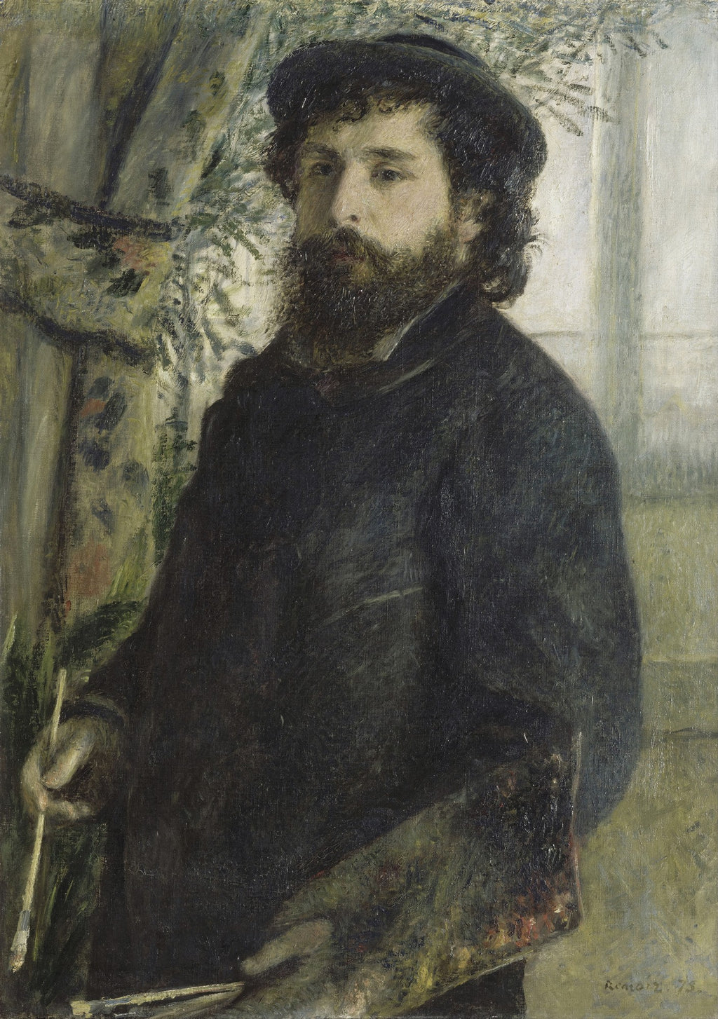 Autorretrato de Claude Monet, um homem com barba escura e boina, segurando pincéis e uma paleta, em tons escuros e terrosos.