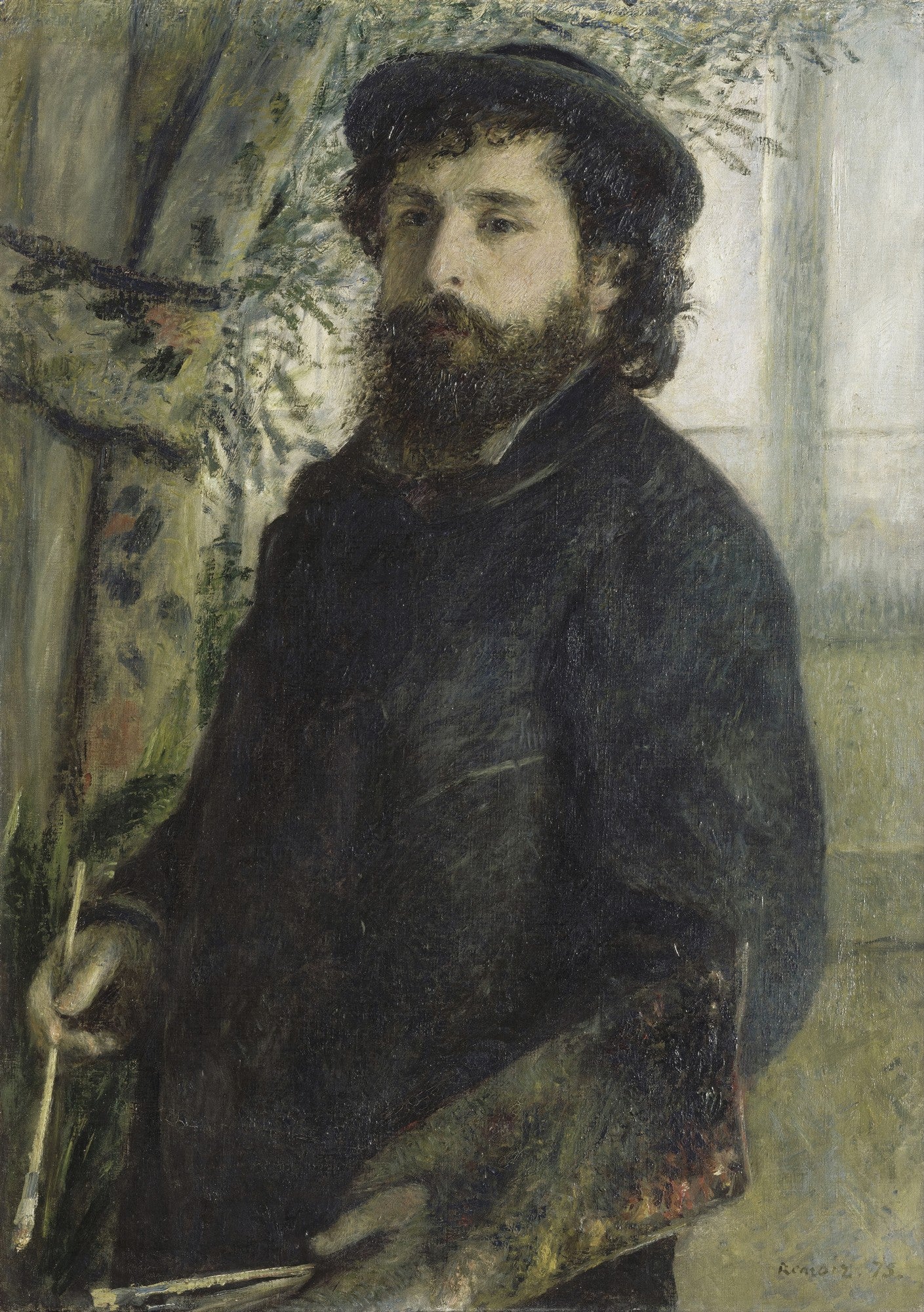 Autorretrato de Claude Monet, um homem com barba escura e boina, segurando pincéis e uma paleta, em tons escuros e terrosos.