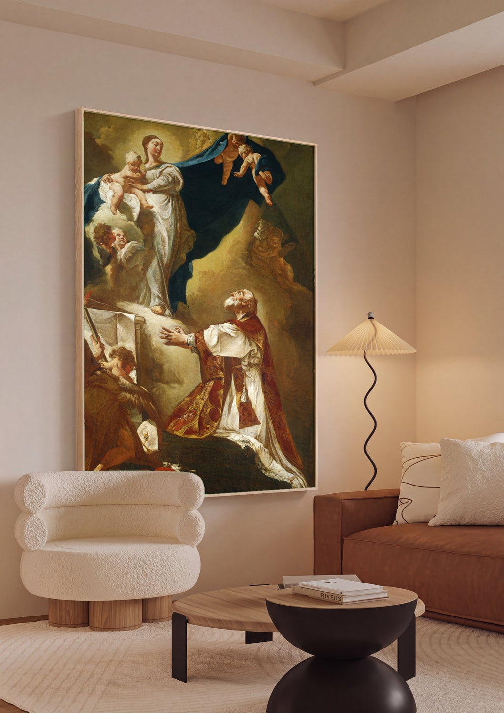 Quadro Decorativo A Virgem e o Menino com São Filipe Neri - Piazzetta em ambiente decorado