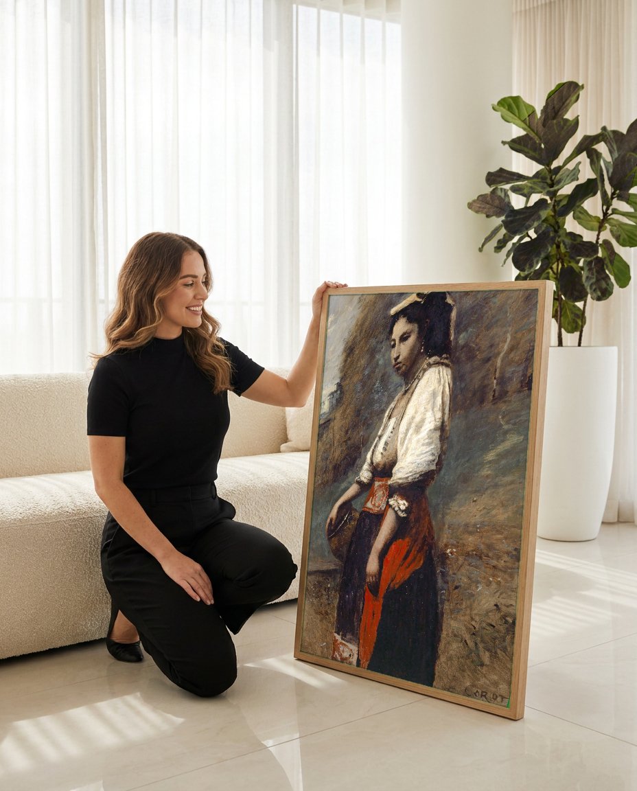 Quadro Decorativo A Cigana (Gypsy Girl) - Corot com modelo em ambiente