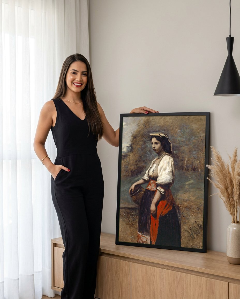 Quadro Decorativo A Cigana (Gypsy Girl) - Corot com modelo em ambiente