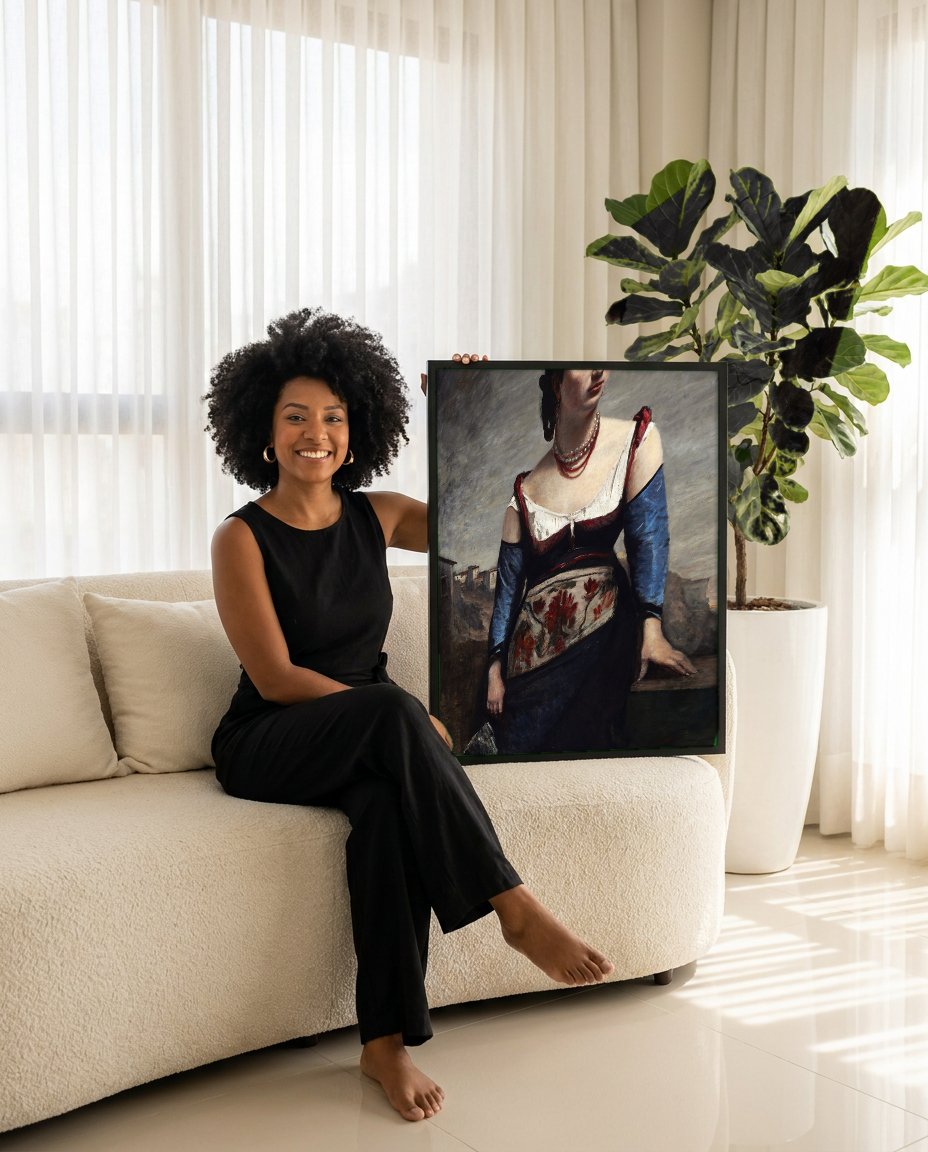 Quadro Decorativo A Cigana (Gypsy Girl) - Corot com modelo em ambiente